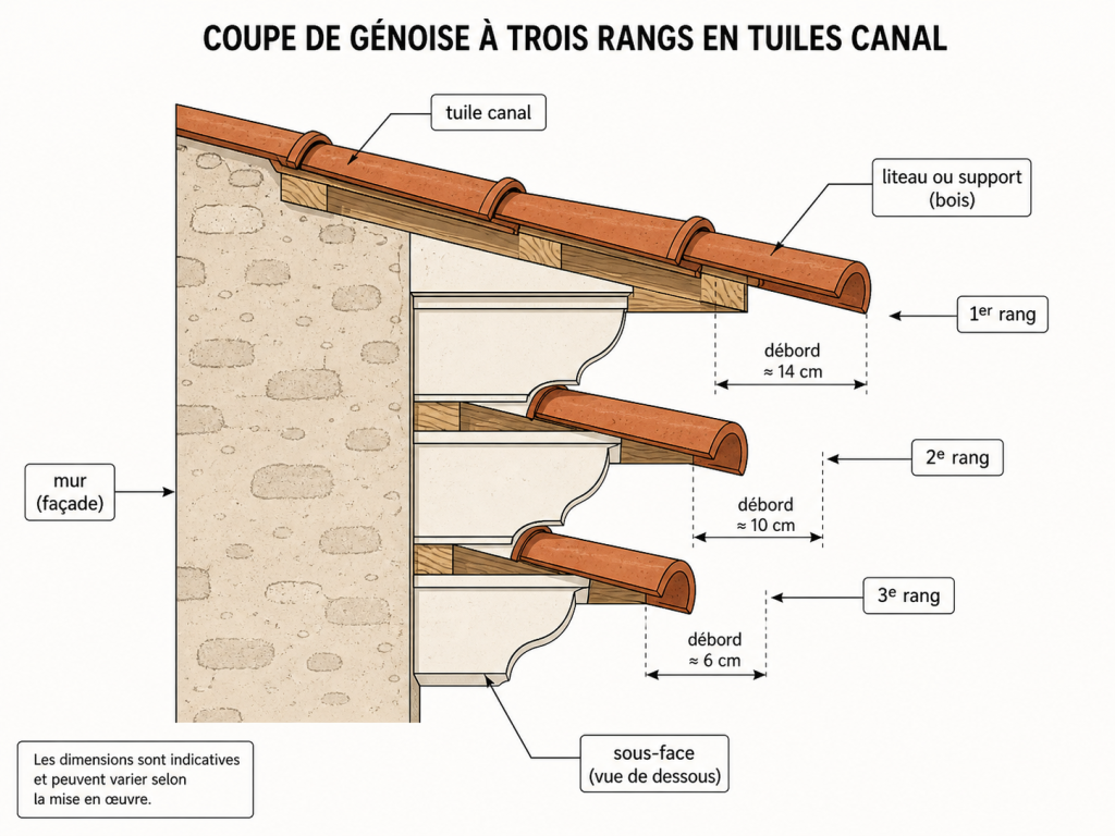Coupe technique d'une génoise à trois rangs, avec cotation des débords