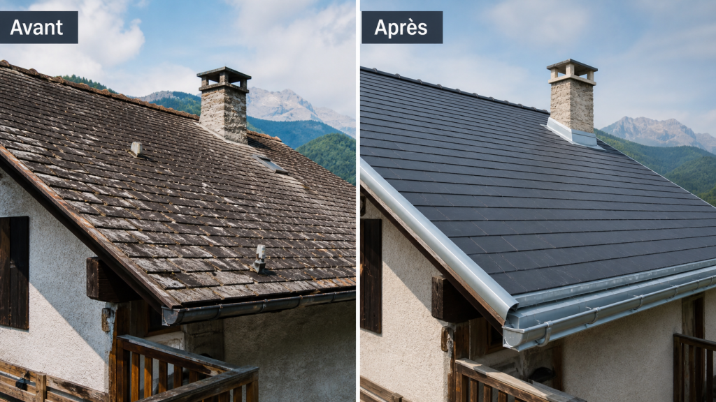 Avant après d’une rénovation de toiture en montagne avec matériau adapté au climat alpin