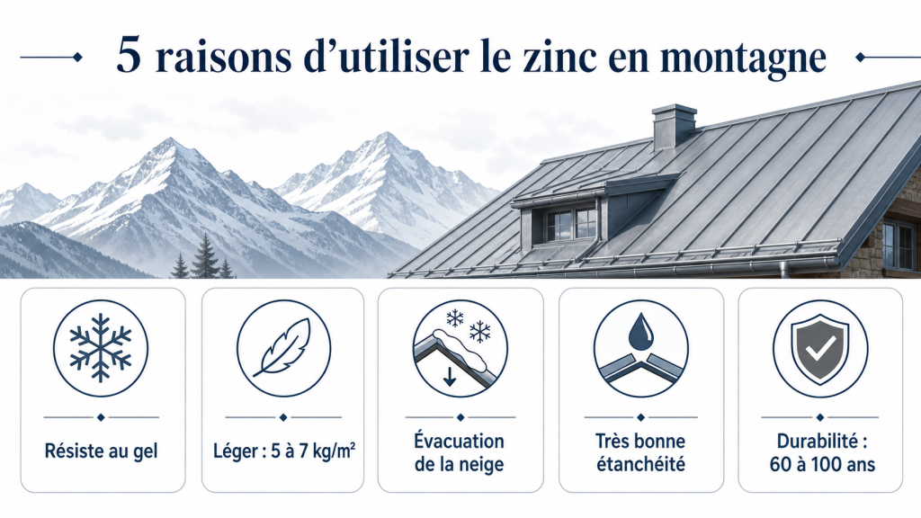 Infographie des avantages du zinc pour une toiture de montagne