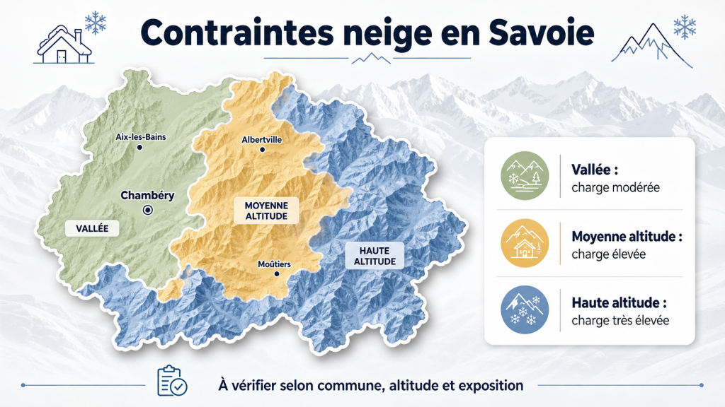 Carte simplifiée des contraintes de neige pour les toitures de montagne en Savoie