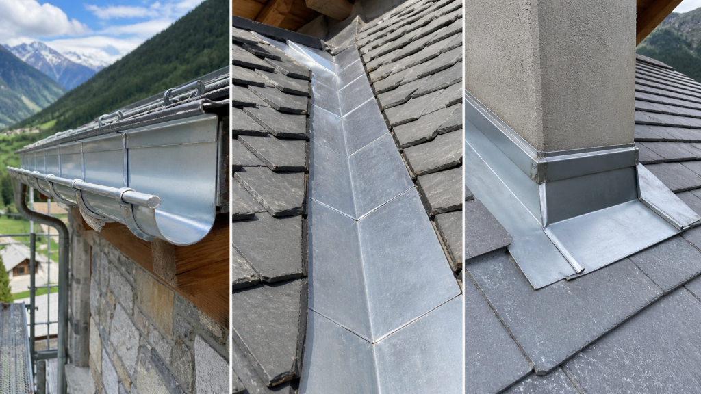 Pose de gouttière zinc sur toiture en Savoie