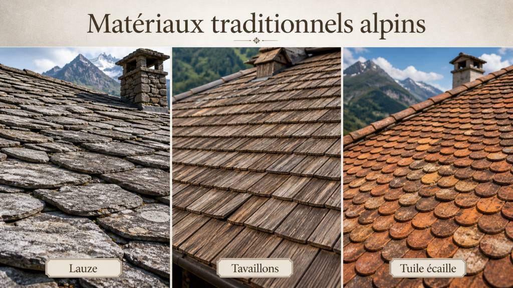 Comparatif visuel des matériaux traditionnels alpins : lauze, tavaillons et tuile écaille