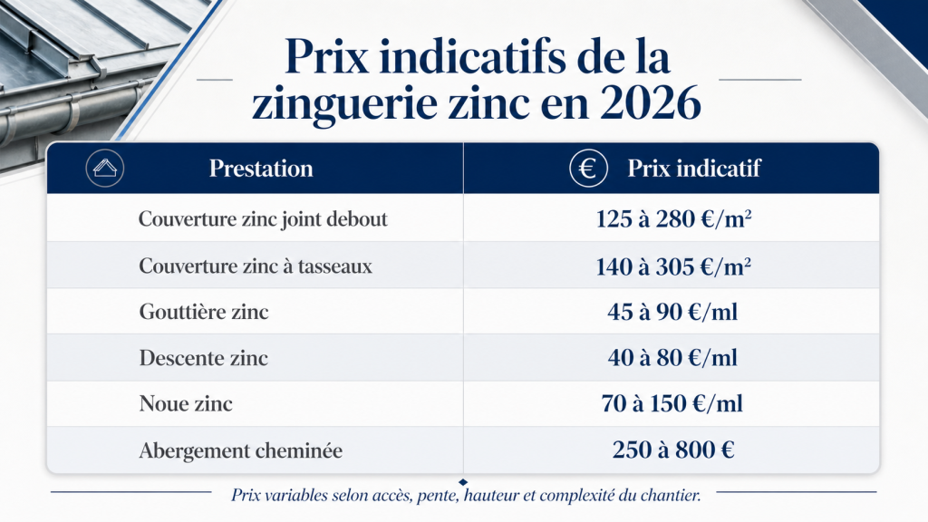 Tableau des prix de zinguerie zinc en 2026
