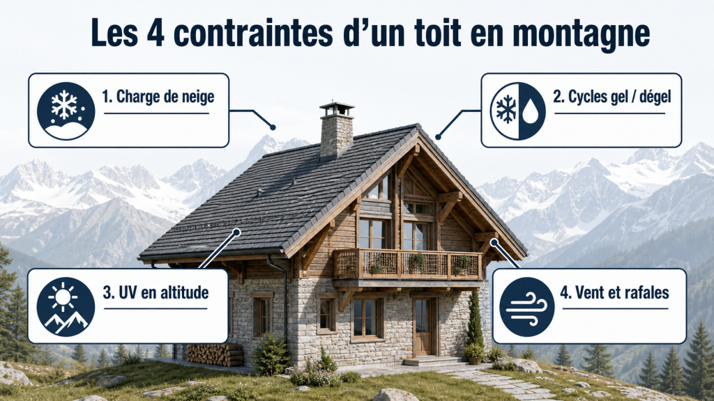 Schéma des quatre contraintes d’une toiture en montagne : neige, gel, UV et vent
