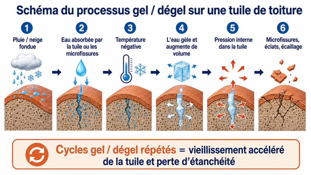 Schéma du processus gel dégel sur une tuile de toiture