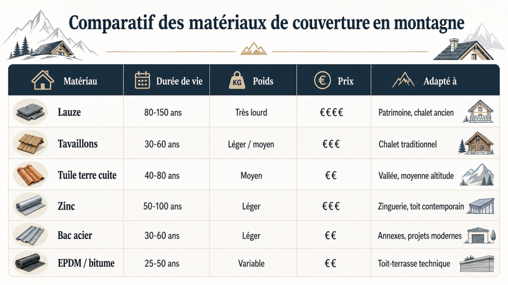 Tableau comparatif des matériaux de couverture adaptés aux toitures de montagne