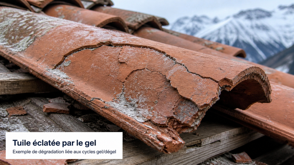 Tuile de toiture éclatée par le gel en Savoie